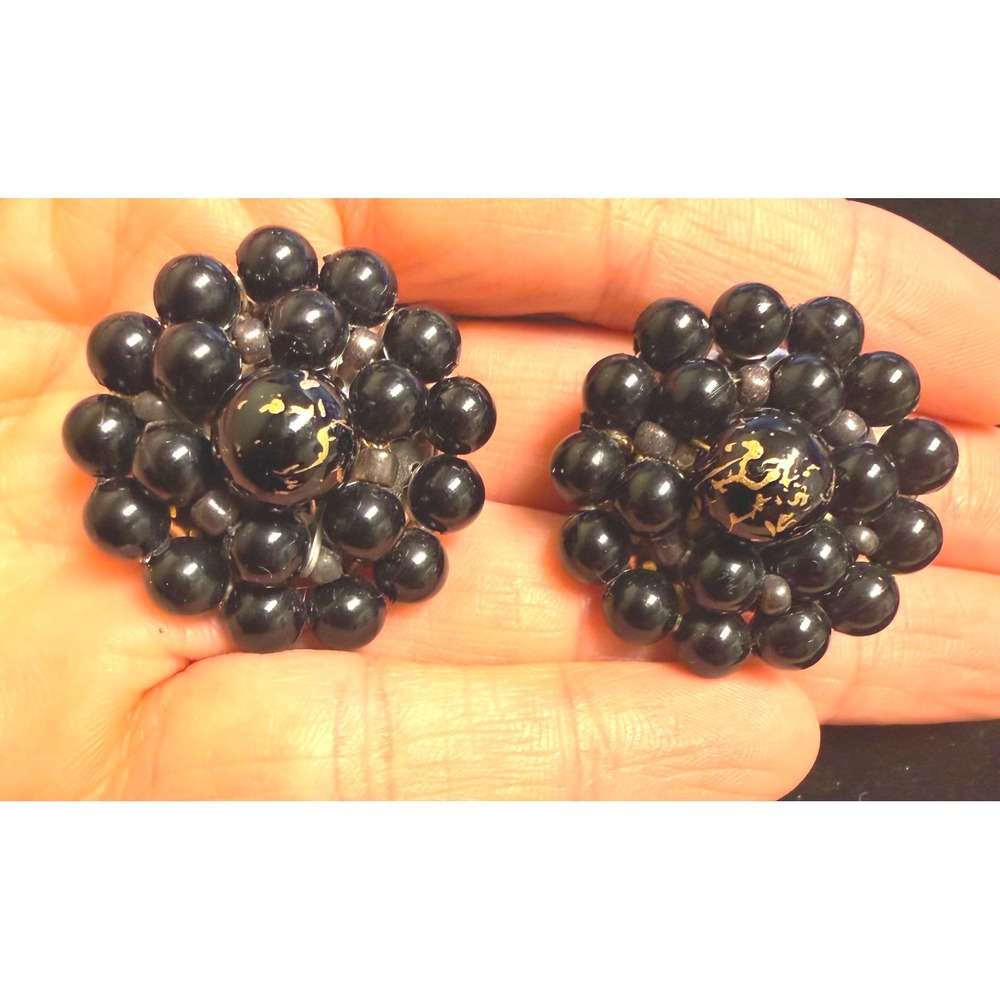 Vintage 1950s‎ West Germany Black Beaded Cluster Clip On Earrings Gold Fleck